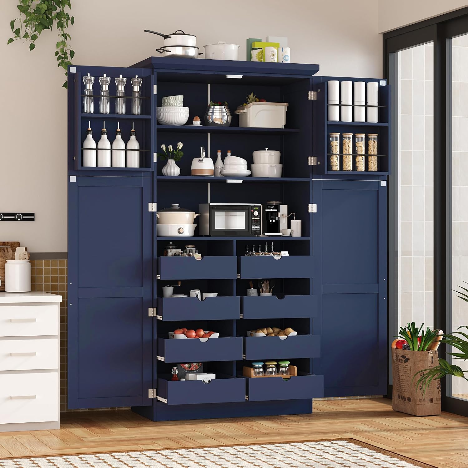 Merax 71' Tall Kitchen Pantry Cabinet with 4 Doors & 8 Pull-Out Trays,Pantry Storage Cabinet with 4 Door Shelf & Adjustable Shelf, Freestanding Cupboard for Kitchen, Dining Room, Blue