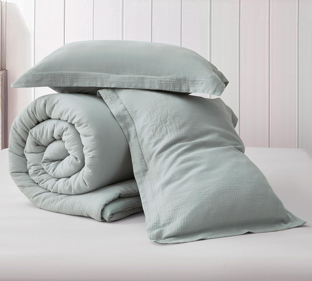 Chezmoi Collection Breeze 3-Piece 100% Cotton Muslin King Comforter Set, Light Blue-Gray Soft Washed Cotton Gauze Comforter, Lightweight Breathable Reversible 240GSM Fill Summer Bedding