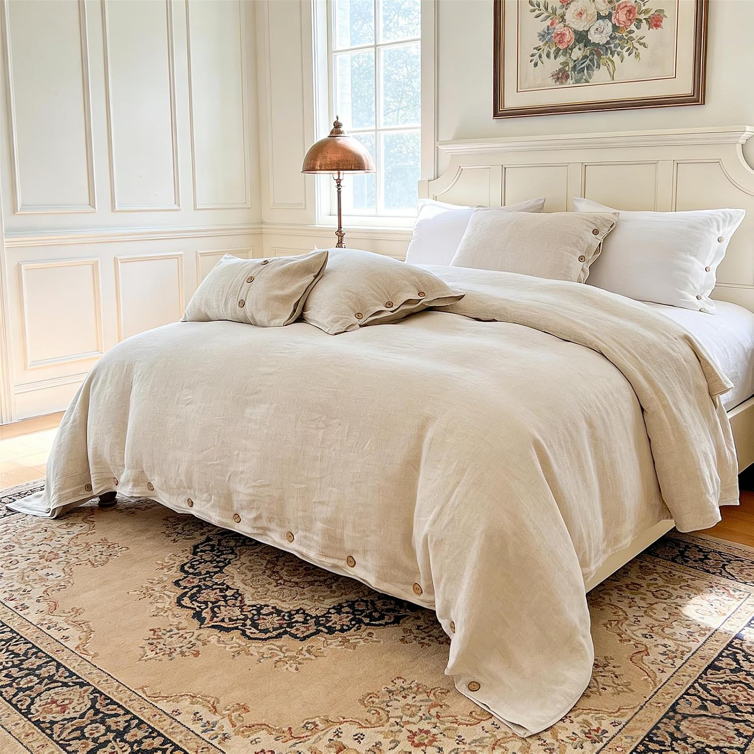 Simple&Opulence 100% Linen Duvet Cover Set 3pcs with Coconut Button Closure Natural French Washed Flax Solid Color Soft Breathable Farmhouse Bedding - Linen, Queen Size