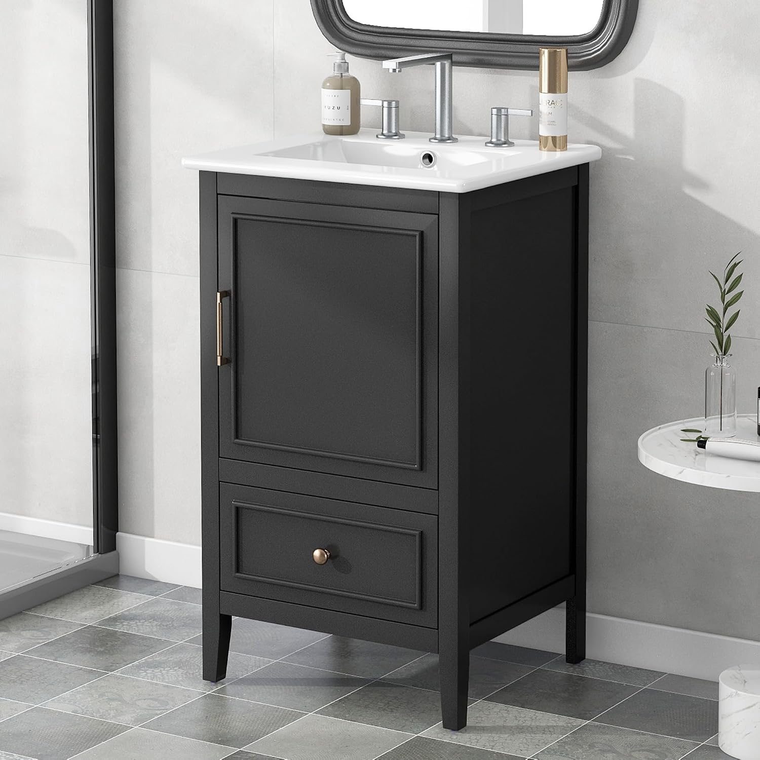 Favfurish 20' Bathroom Vanity with Sink,Water-Resistant Wood One Cabinet Vanities w/Door Shelf Storage and Adiustable Foot Pads,A Drawer,Multi-Functional Storger Space,Black