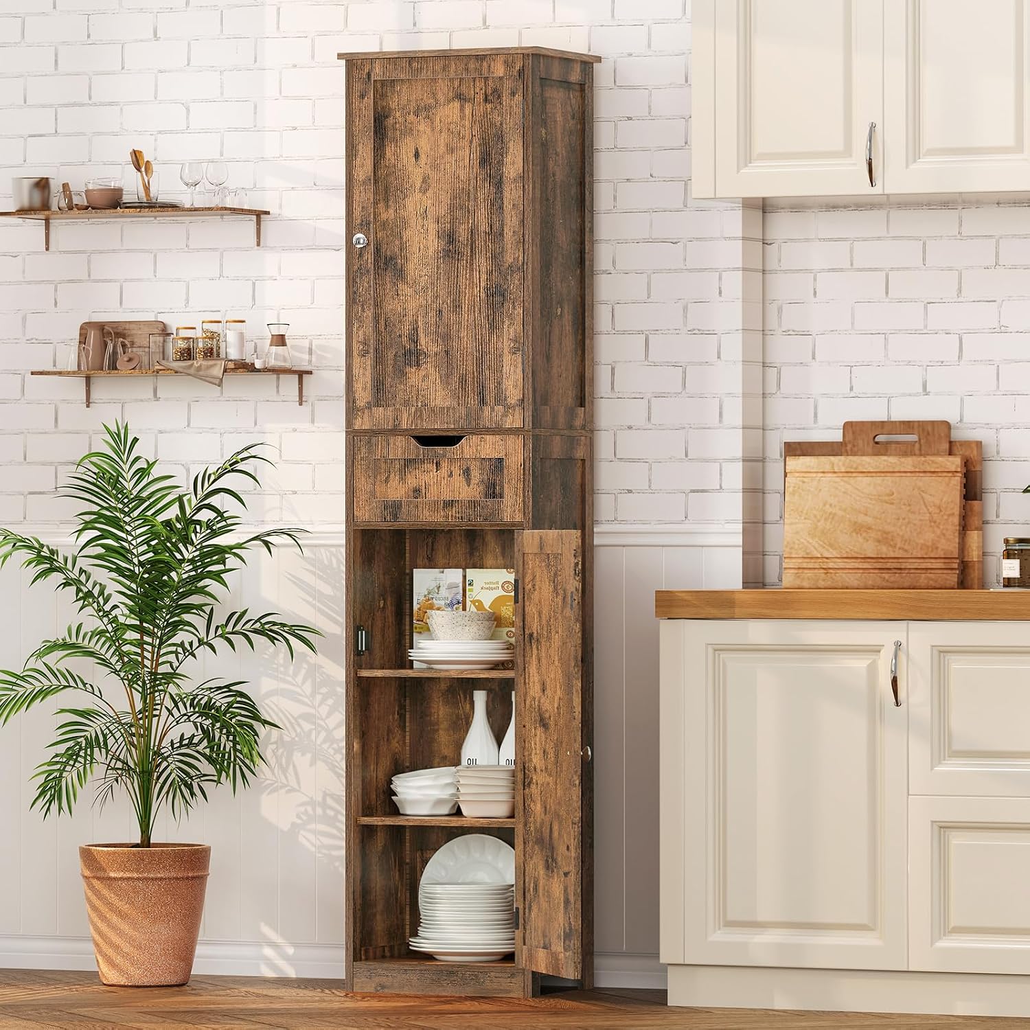 Iwell 67' Tall Storage Cabinet, Bathroom Cabinet with Drawer & Adjustable Shelves, Narrow Storage Cabinet, Floor Cabinet for Living Room, Home Office, Rustic Brown