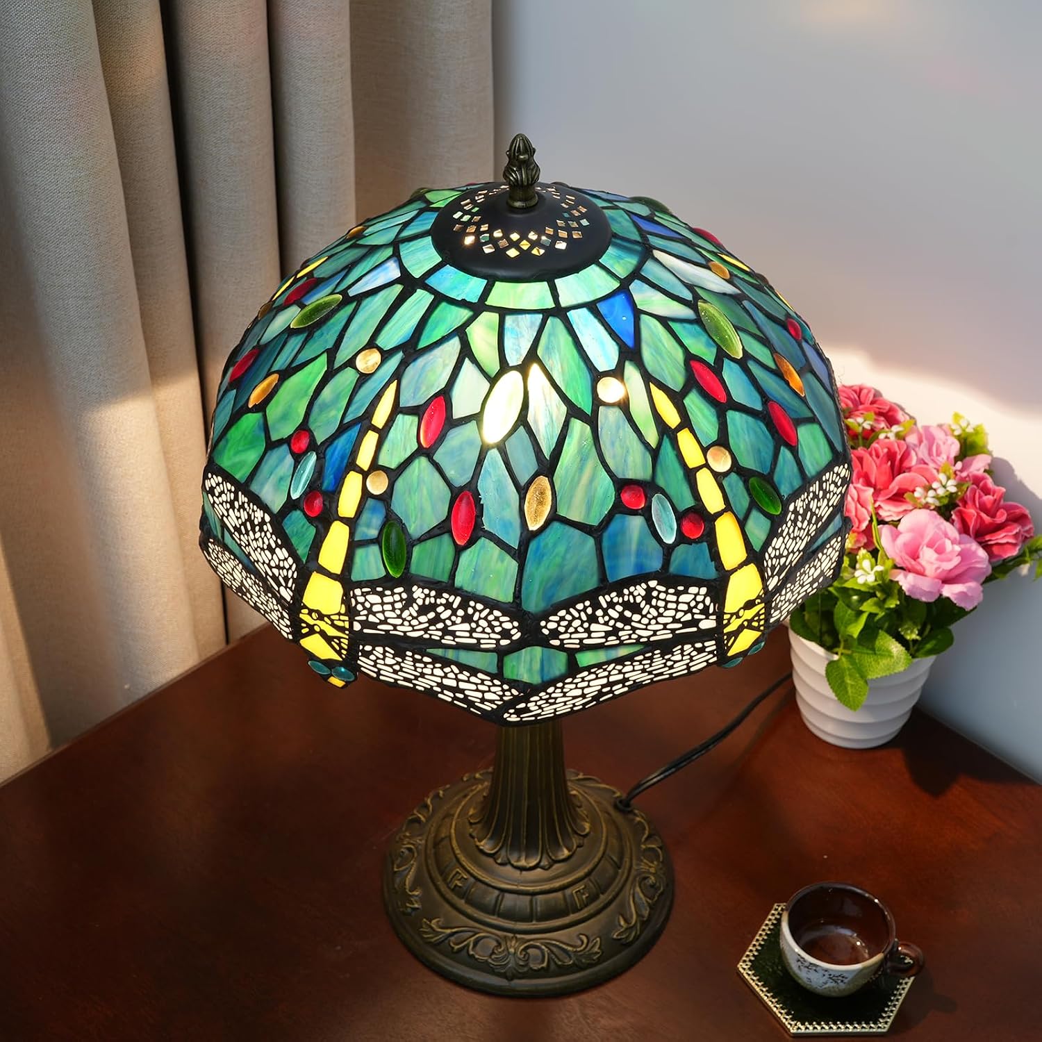 Tiffany Lamp Dragonfly Style Green Stained Glass Lamp Bedroom Table Lamp Reading Desk Light for Bedside Living Room Office Dormitory Dining Room Decorate Gift