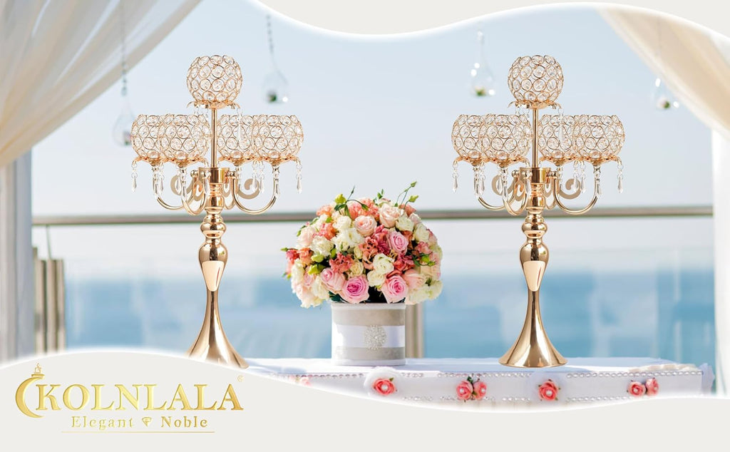 4Pcs 22 Inch Tall 5-Arm Gold Elegant Crystal Candelabra – Fancy Looking Candle Holder, Perfect for Your Table Centerpiece, Wedding & Christmas Dinner Party Events, Home Decor