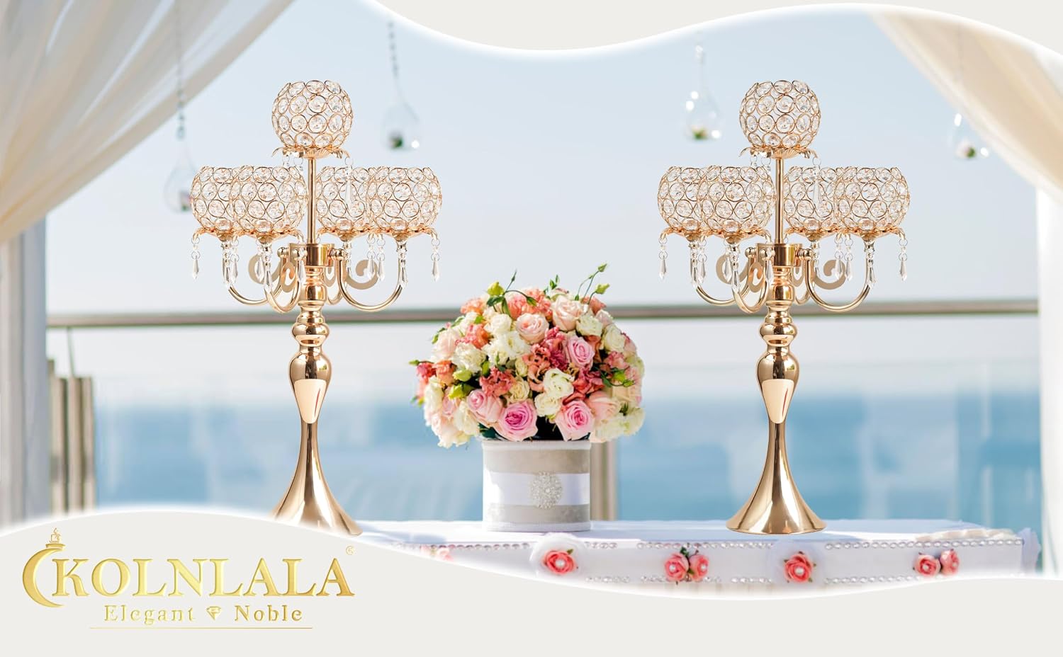 4Pcs 22 Inch Tall 5-Arm Gold Elegant Crystal Candelabra – Fancy Looking Candle Holder, Perfect for Your Table Centerpiece, Wedding & Christmas Dinner Party Events, Home Decor