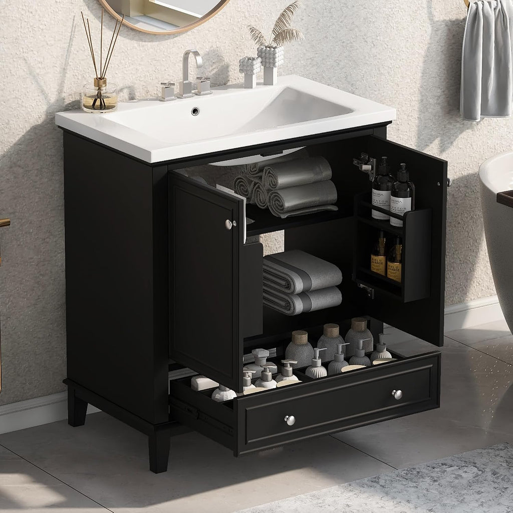 Flieks 30' Bathroom Vanity with Sink Combo, Multi-Functional Bathroom Cabinet with Doors and Drawer, Solid Frame and MDF Board, Black