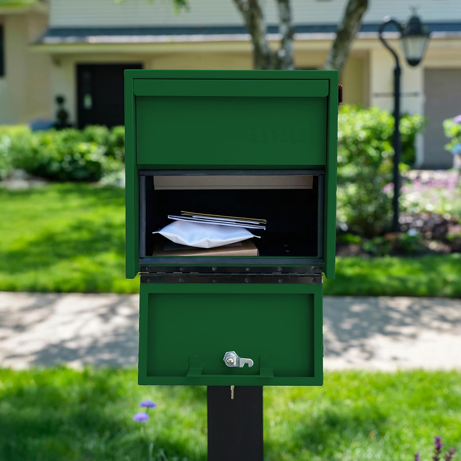 Adoorn Lockable Post Mount Mailboxes for Outside - Small Anti-Theft Locking Mailbox for Packages and Letters - Weatherproof Construction - Durable Steel - 12' H x 12' W x 18.5' D - Forest Green