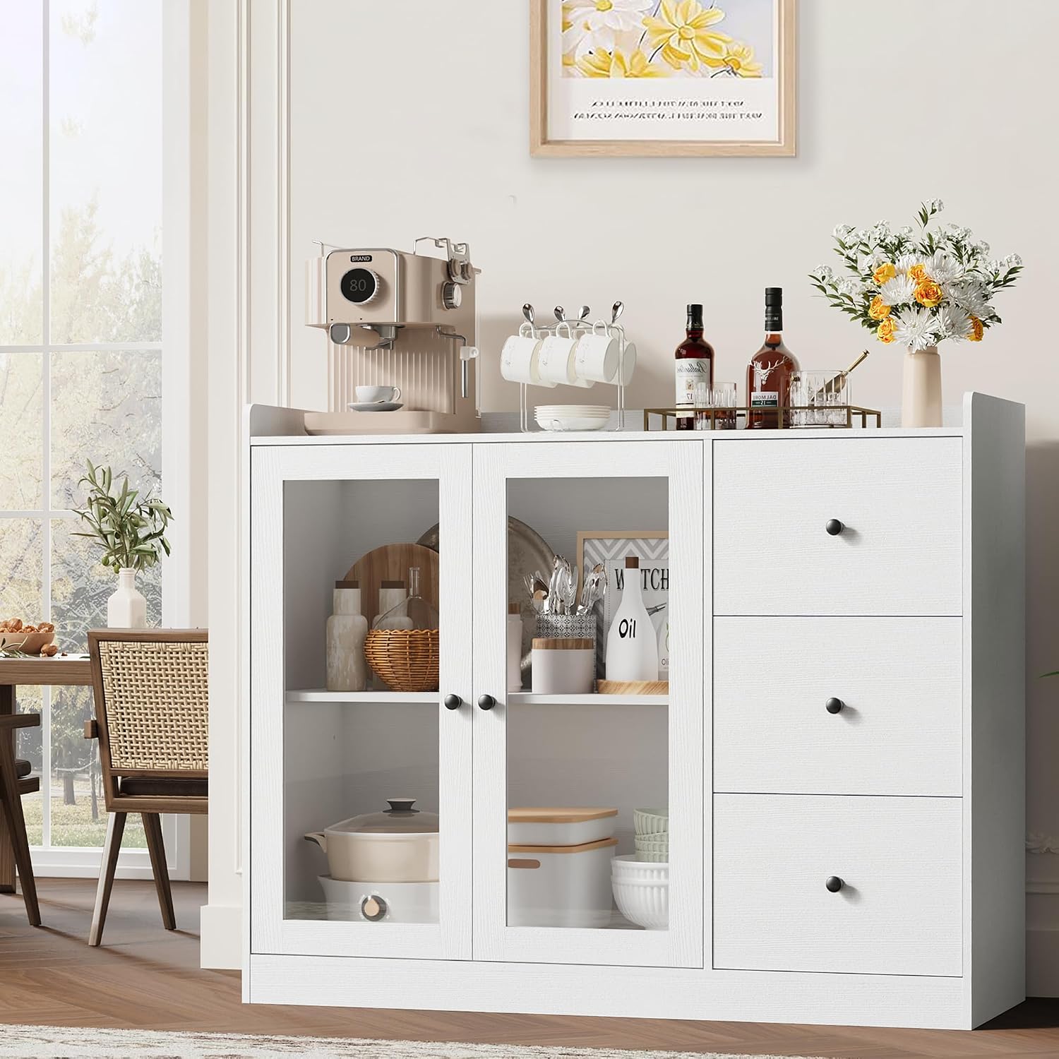 GarveeHome Sideboard Buffet Cabinet with Storage, 43 in Coffee Bar Cabinet with Glass Doors and 3 Drawers, Kitchen Storage Cabinet with Adjustable Shelves for Dining Room, Living Room, White