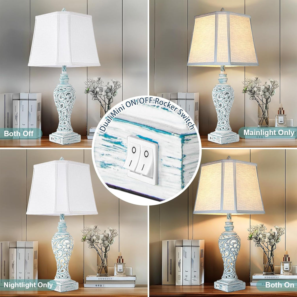 Table Lamp Bedside Lamps Set of 2, 28.5'' Luxsight Farmhouse Table Lamps for Bedroom, Lamps for Nightstands with Night Lights, with USB C+A Ports, Rustic Lamp for Living Room, Bulb Included