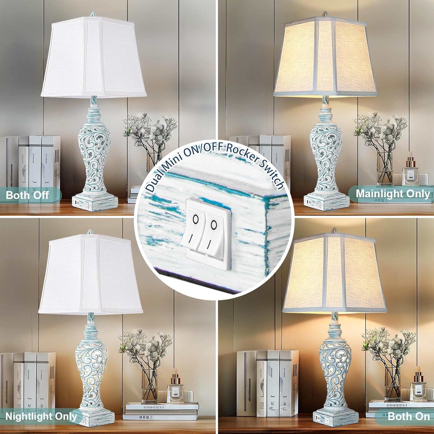 Table Lamp Bedside Lamps Set of 2, 28.5'' Luxsight Farmhouse Table Lamps for Bedroom, Lamps for Nightstands with Night Lights, with USB C+A Ports, Rustic Lamp for Living Room, Bulb Included