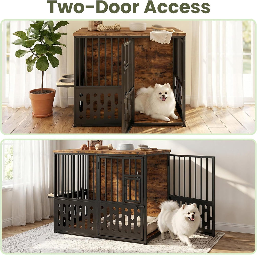 Yafylly 32 Inch Small Dog Crate, Wood Dog Crate Furniture for Small Medium Dogs, Interactive Window, 360° Rotating Adjustable Bowls, Decorative End Table Dog Kennel, Heavy Duty Small Dog Cage, Brown