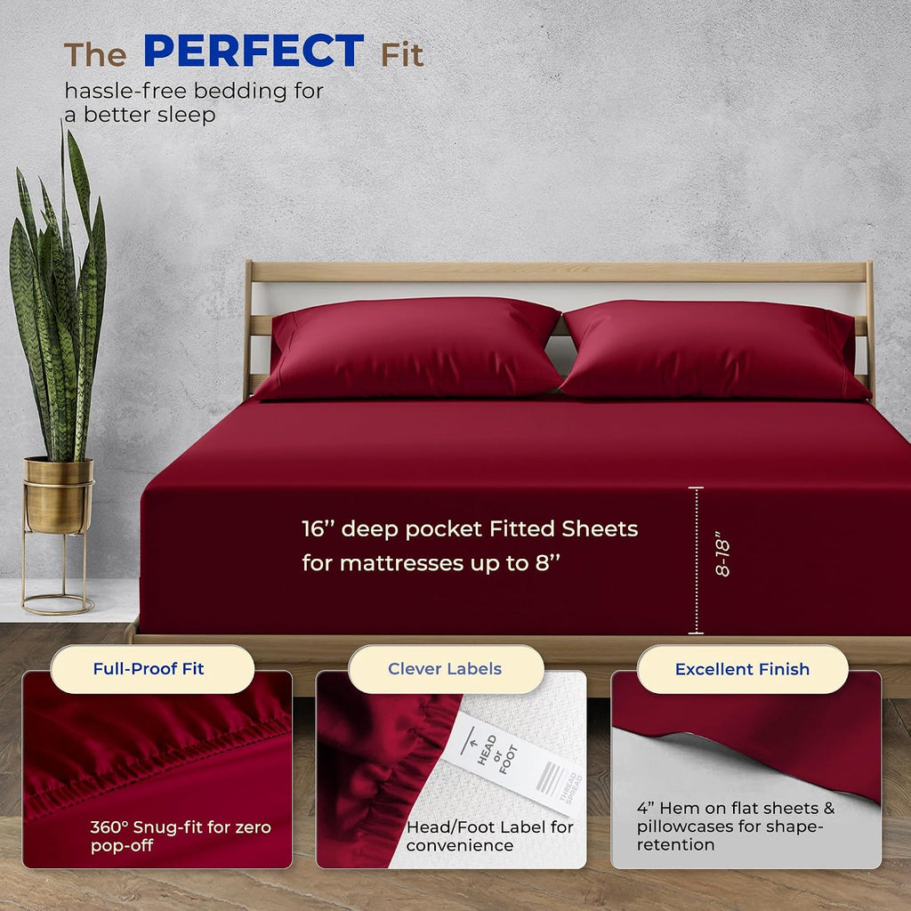 THREAD SPREAD King Size Sheets Set, Luxury 1000 Series Paradise Collection 100% Egyptian Cotton Bed Sheets King Size (6 PC, Burgundy), Silky Soft, Cooling, Sateen, 16' Deep Pocket Hotel Sheet Set