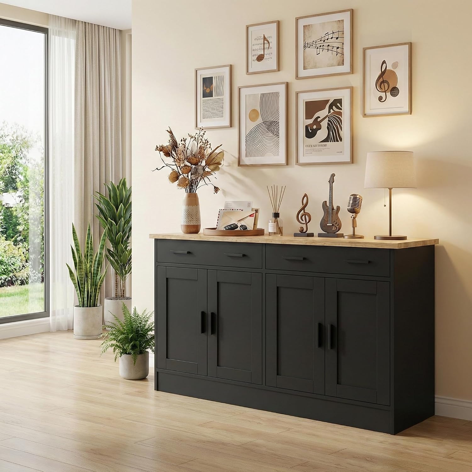 Anystyle 53' Black Buffet Cabinet with Storage, Kitchen Sideboard Buffet Server with 2 Drawers & 4 Doors, Modern Coffee Bar Cabinet Credenza for Dining Room, Living Room, Hallway