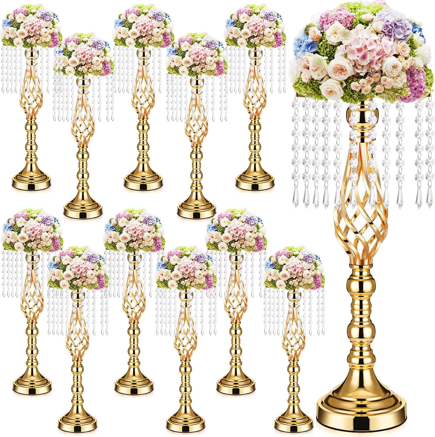 Sieral 12 Pcs Gold Wedding Centerpieces for Table Gold Crystal Flower Stand 19.3 Inch Tall Vase with Chandelier Metal Flower Holders for Wedding Bridal Shower Party Reception Dinner Tabletop Decor