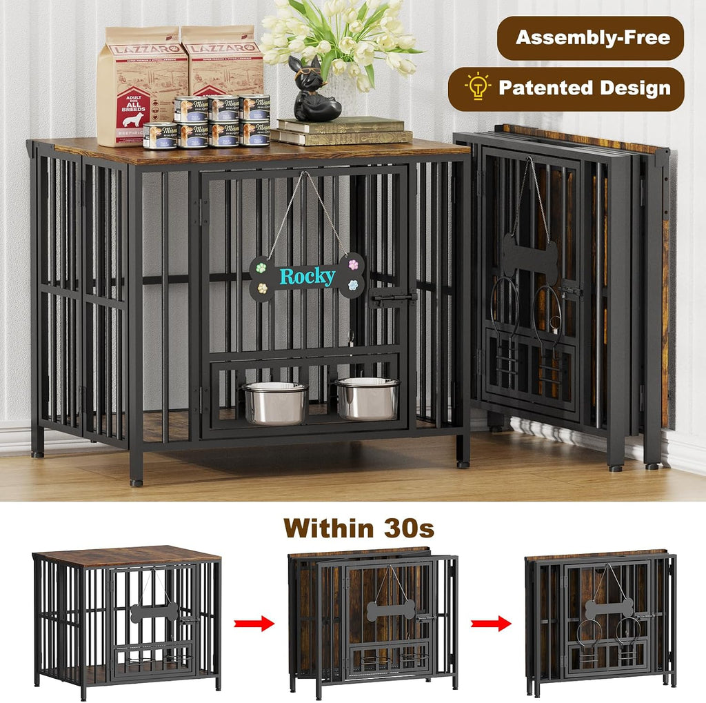 Easycom 27' Dog Crate Furniture Foldable, No Assembly Decorative Dog Kennel Indoor, Dog Crates for Small Dogs (Under 20 lb), Wooden Dog Cage with Adjustable Bowls and Name Tag, End Table, Rustic Brown