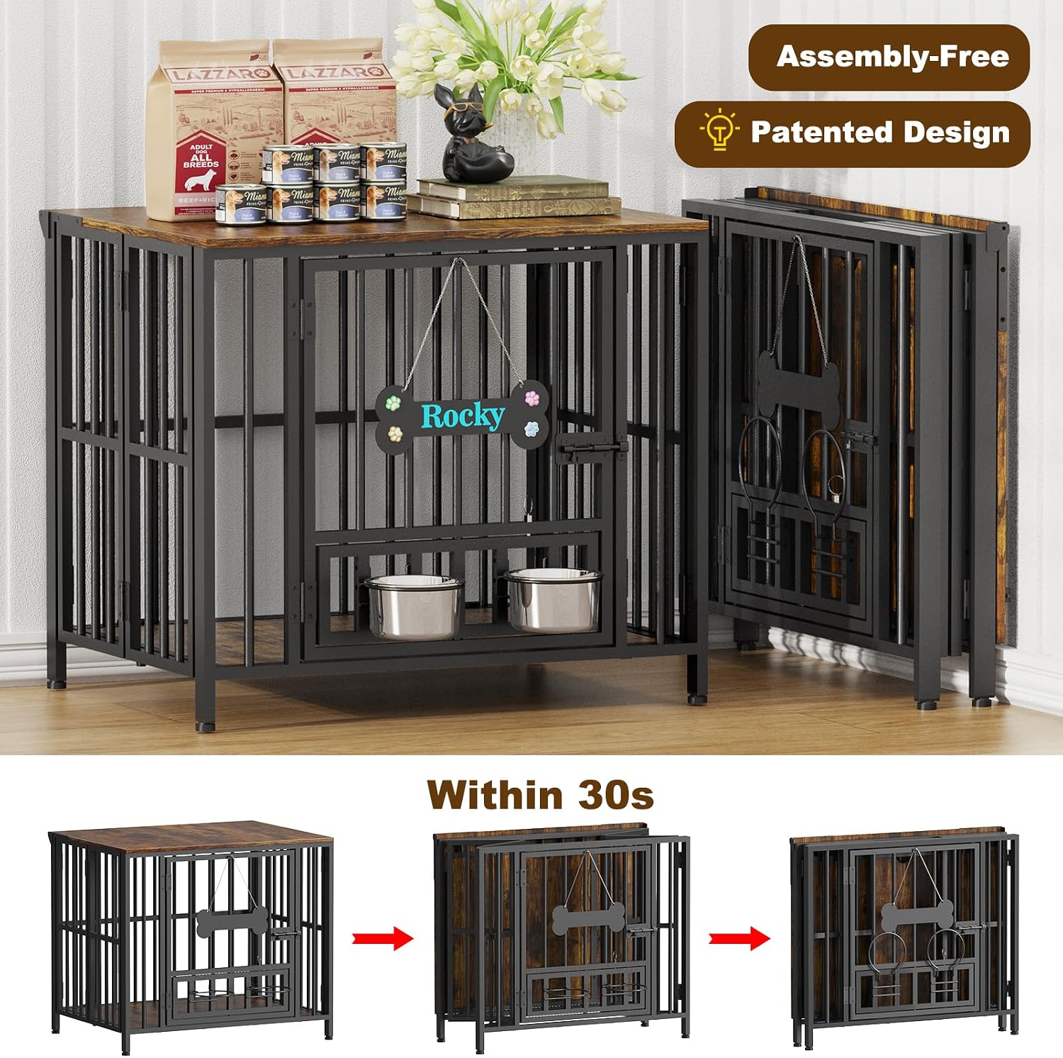 Easycom 27' Dog Crate Furniture Foldable, No Assembly Decorative Dog Kennel Indoor, Dog Crates for Small Dogs (Under 20 lb), Wooden Dog Cage with Adjustable Bowls and Name Tag, End Table, Rustic Brown