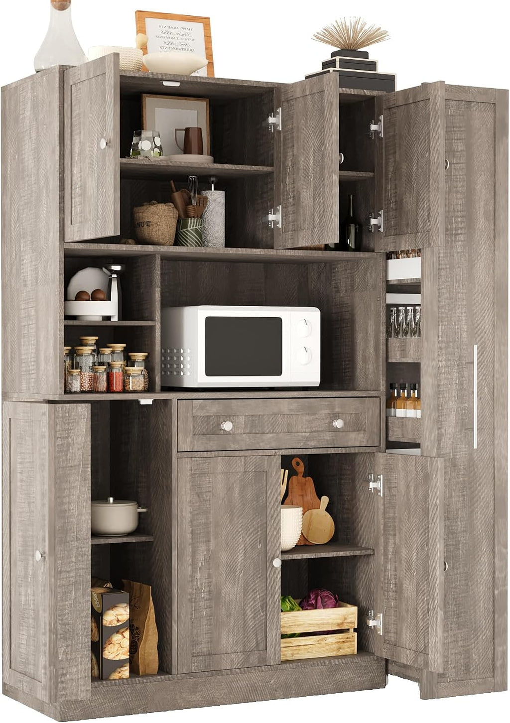 Modern 70inch Kitchen Pantry Storage Cabinet Cupboard with Hutch, Freestanding Buffet with Pull-Out Side Cabinet and Drawer for Living Room, Kitchen (Brown-99a)
