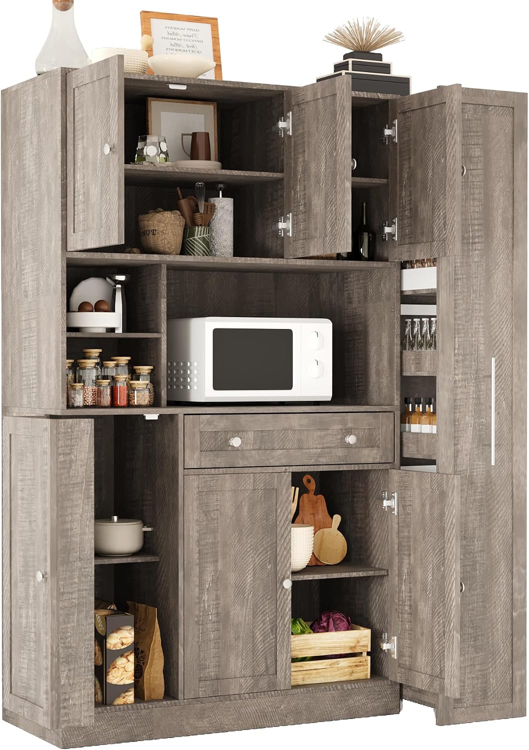 Modern 70inch Kitchen Pantry Storage Cabinet Cupboard with Hutch, Freestanding Buffet with Pull-Out Side Cabinet and Drawer for Living Room, Kitchen (Brown-99a)