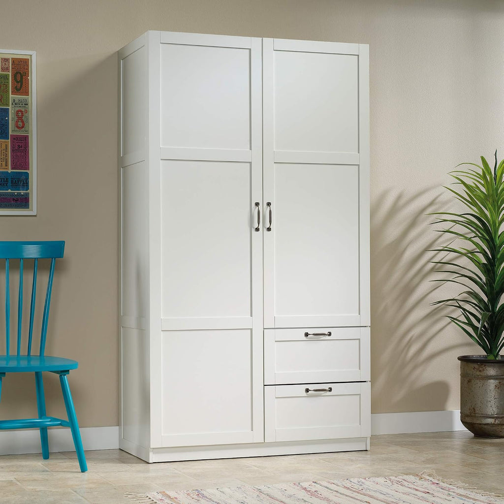 Sauder Select Multipurpose Bedroom Armoire Wardrobe Closet Pantry Storage Cabinet with Storage Drawers and Hanging Rail, in Soft White finish