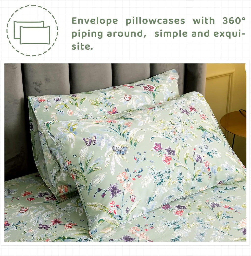 QSH Floral King Size Sheet Sets - Green Flower Bird Butterfly Print Botanical Bedding Egyptian Cotton Printed Sheets King Size Bed Extra Soft and Breathable 17.5' Deep Pockets Bed Sheets 4pcs