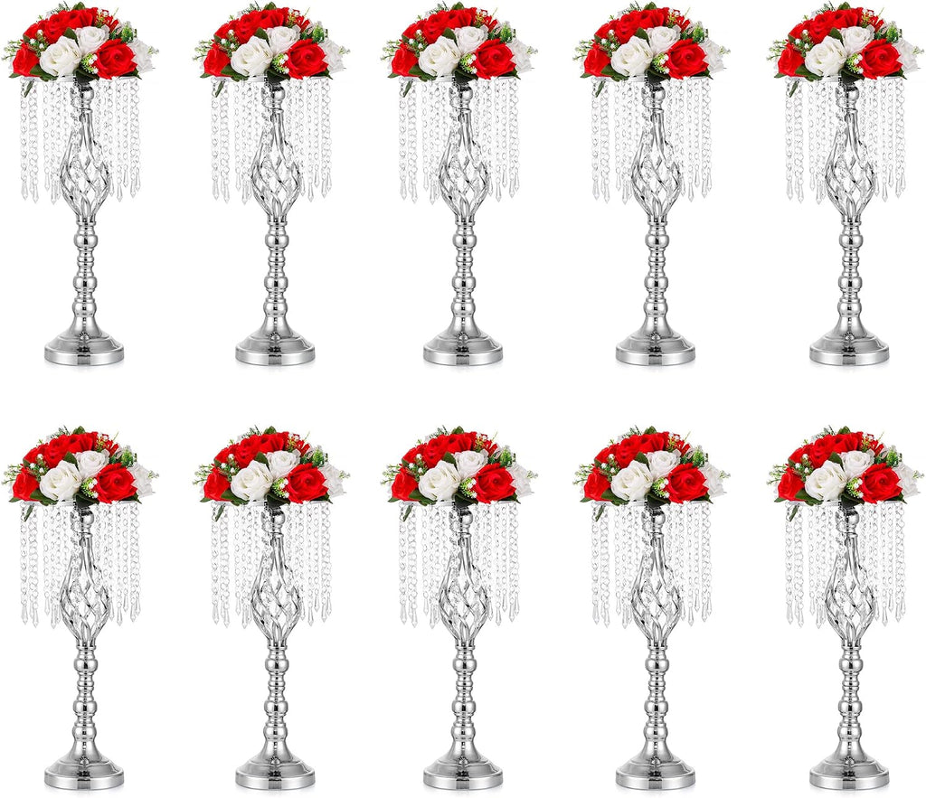 Sliver Vases Centerpieces for Weeding: 19.3' Tall Flower Stand with Crystal Patent for Table Center Piece Party Event Set of 10