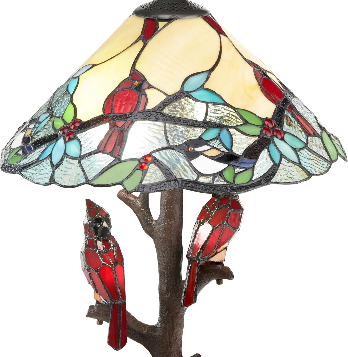 RIVER OF GOODS - Stained Glass Triple Lit Cardinals on Tree Table Lamp - 23.75' in - Table Lamp for Bedroom - Bedside Lamp - Desk Lamps for Home Office - Tiffany Style - Multi Color
