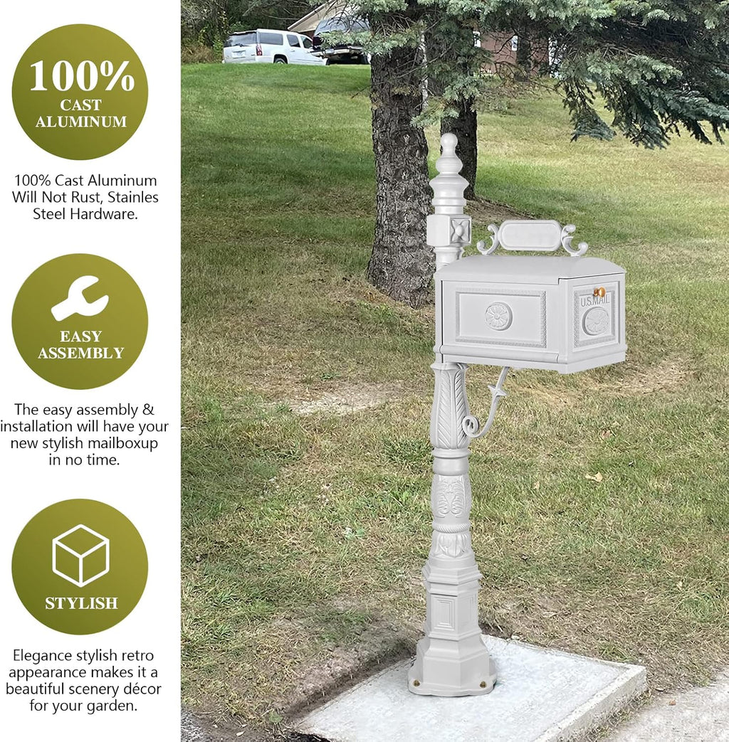 Polar Aurora Barcelona Decorative Post Mailbox Combination Stratford Heavy Duty Postal Mail Box Cast Aluminum(White)