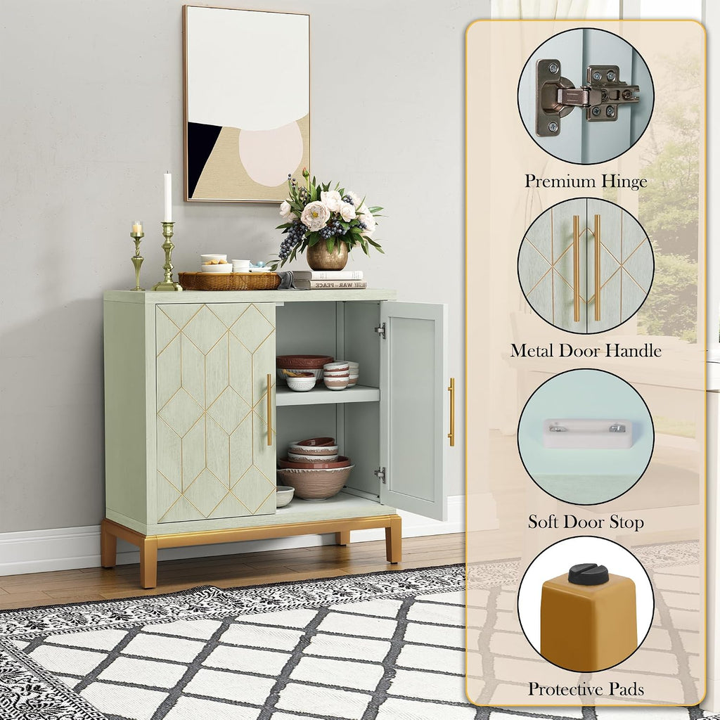 ARTPOWER Green Accent Cabinet with Doors, Modern Wooden Sideboard, Carved Decorative Storage Cabinets for Living Room, Kitchen, Office, and Hallway, Green with Gold Legs