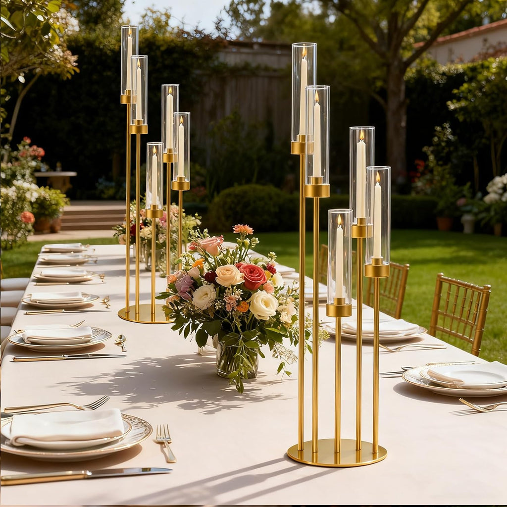42.5in Gold Candelabra Centerpieces for Tables Candlestick Holders Decor Wedding Centerpiece Table Decorations 5 arm Candle Holder Set of 8 Acrylic lampshade Fit 0.9' LED Candle
