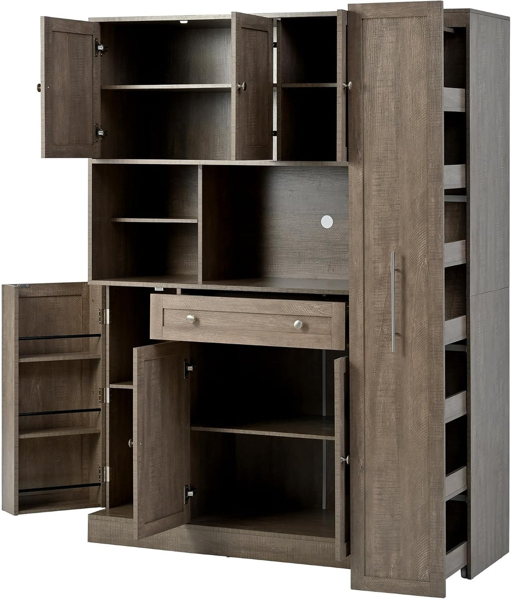 Modern 70inch Kitchen Pantry Storage Cabinet Cupboard with Hutch, Freestanding Buffet with Pull-Out Side Cabinet and Drawer for Living Room, Kitchen (Brown-99a)