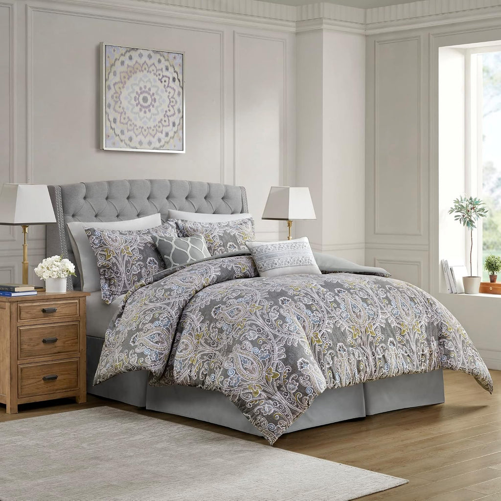 Harbor House Cozy Cotton Comforter Set - Classic Modern Design, All Season Down Alternative Casual Bedding, Matching Shams, Hallie, Damask Grey Full(80'x90') 6 Piece