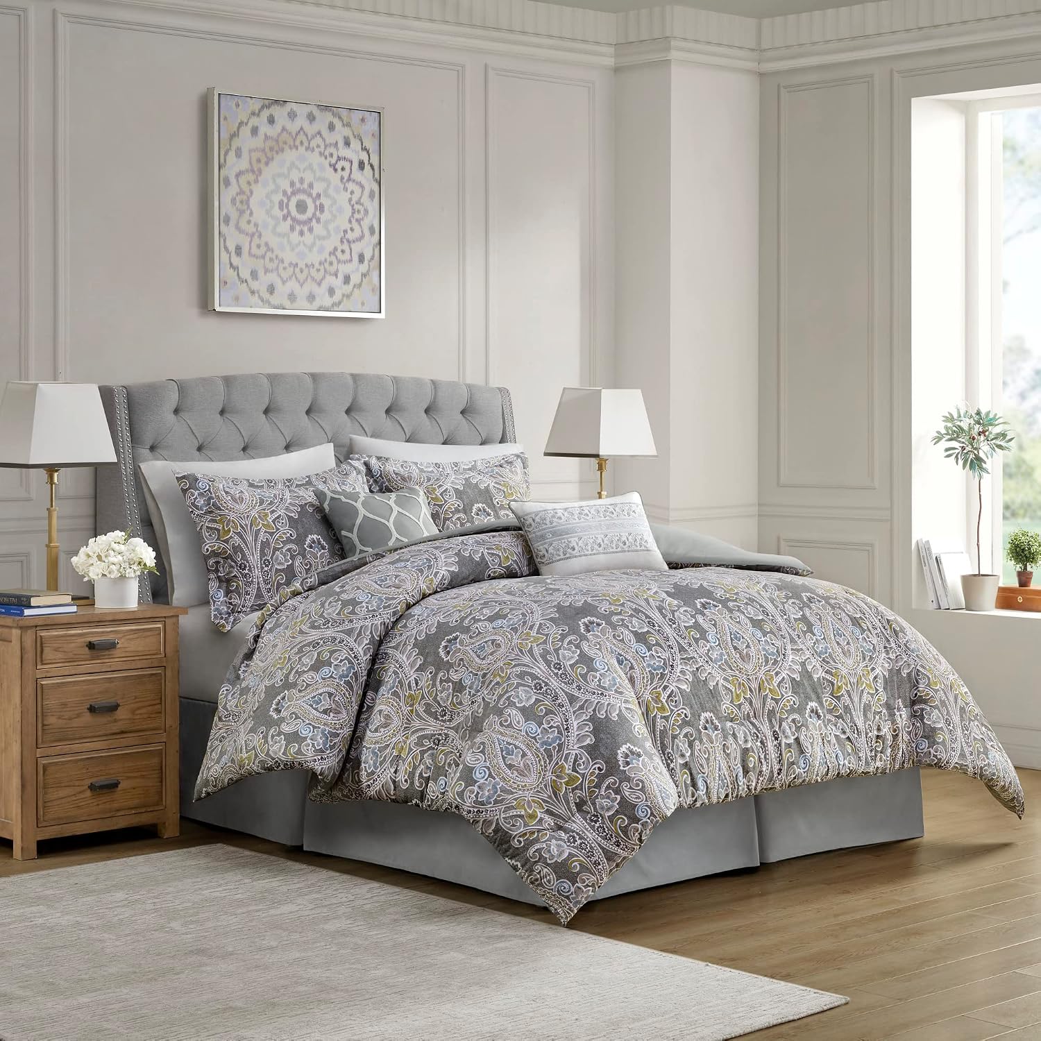 Harbor House Cozy Cotton Comforter Set - Classic Modern Design, All Season Down Alternative Casual Bedding, Matching Shams, Hallie, Damask Grey Full(80'x90') 6 Piece