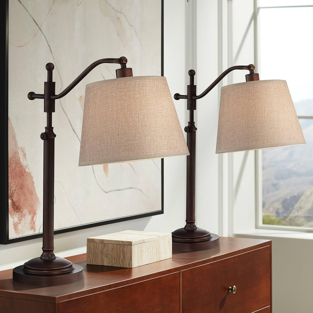 Regency Hill Adley 30 1/2' Tall Downbridge Arm Large Farmhouse Rustic Traditional Desk Lamps Set of 2 Adjustable Height Brown Bronze Finish Metal Tan Shade Home Office Living Room Bedroom Bedside