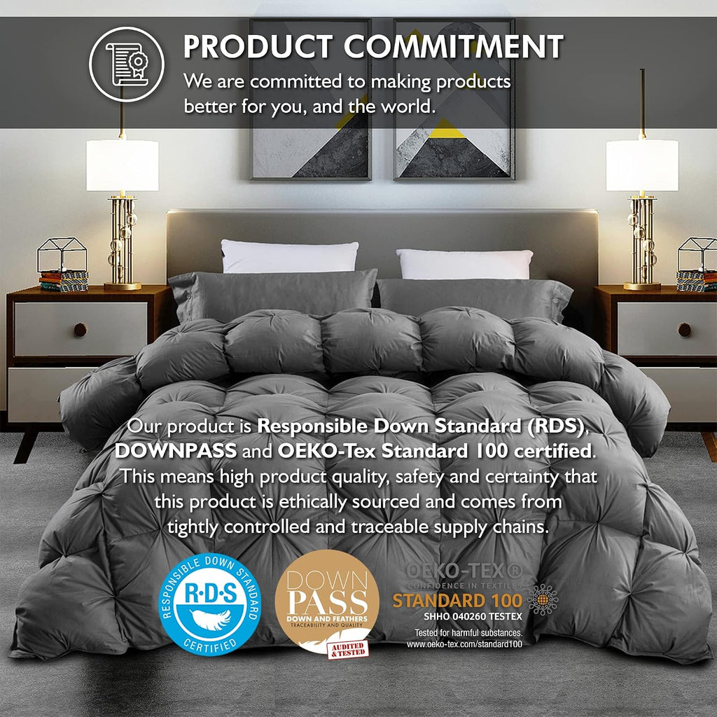Luxurious Queen Size Goose Down Feather Fiber Comforter Duvet Insert, 100% Egyptian Cotton Cover, 60 oz. Fill Weight Comforter (Queen, Gray Pinch Pleat)