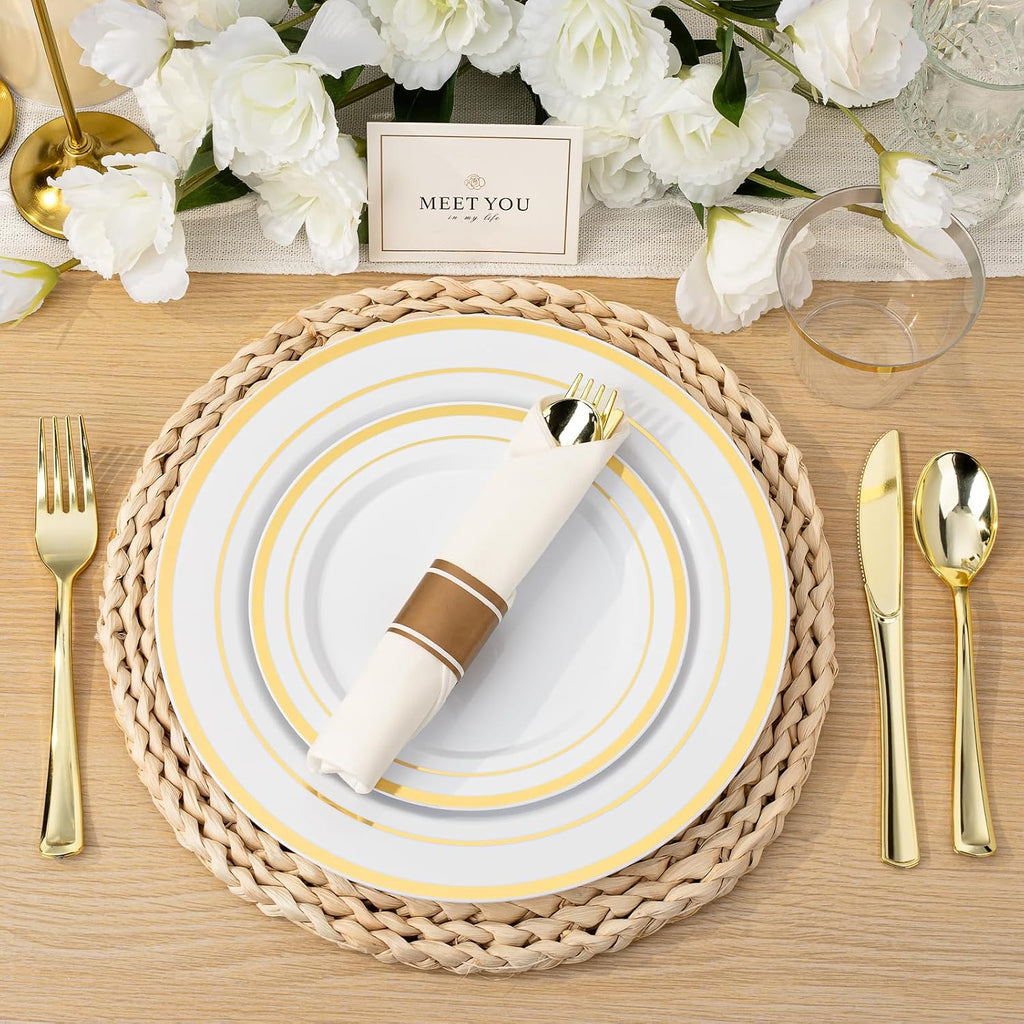 BESTVIP 700PCS Gold Plastic Dinnerware Set for 100 Guests, Disposable Plates for Party, Include: 200 Plastic Plates, 100 Pre Rolled Napkins with Gold Silverware, 100 Cups for Christmas, Halloween