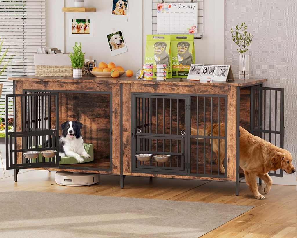 Grepatio 79' Double Dog Crate Furniture for 2 Dogs, Large Dog Kennel with 360° Rotating Feeder Bowls, Indoor Double Dogs Crates with 4 Doors, Wooden Dog Crate TV Stand with Removable Divider