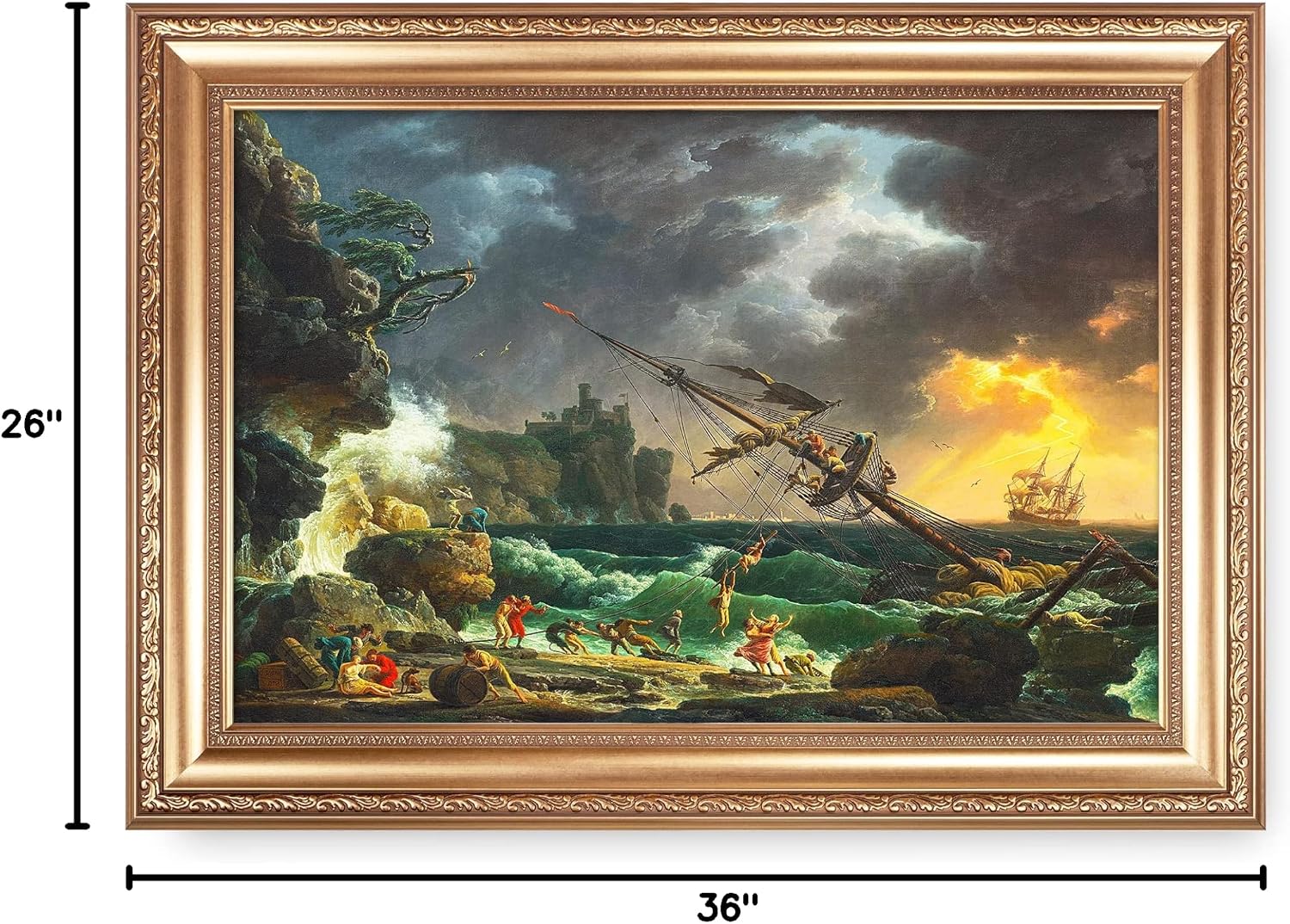 The Shipwreck Sailboat by Claude–Joseph Vernet Sailboat Warship Painting Reproductions Framed Size:36x26 inches,Image Size:30x20 inches World Classic Reproductions For HomeDecor,Gold Frame