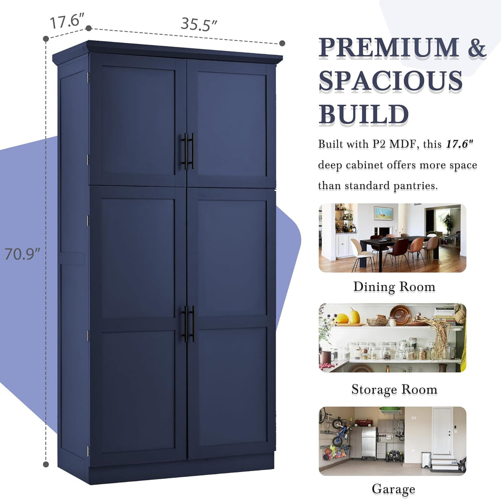 Merax 35.5x17.6x70.9 inches Freestanding Kitchen Pantry Cabinet, Tall Storage Cabinet with 4 Doors, 2 Door Shelves, 8 Pull-Out Trays and Adjustable Shelf for Dining Room, Blue