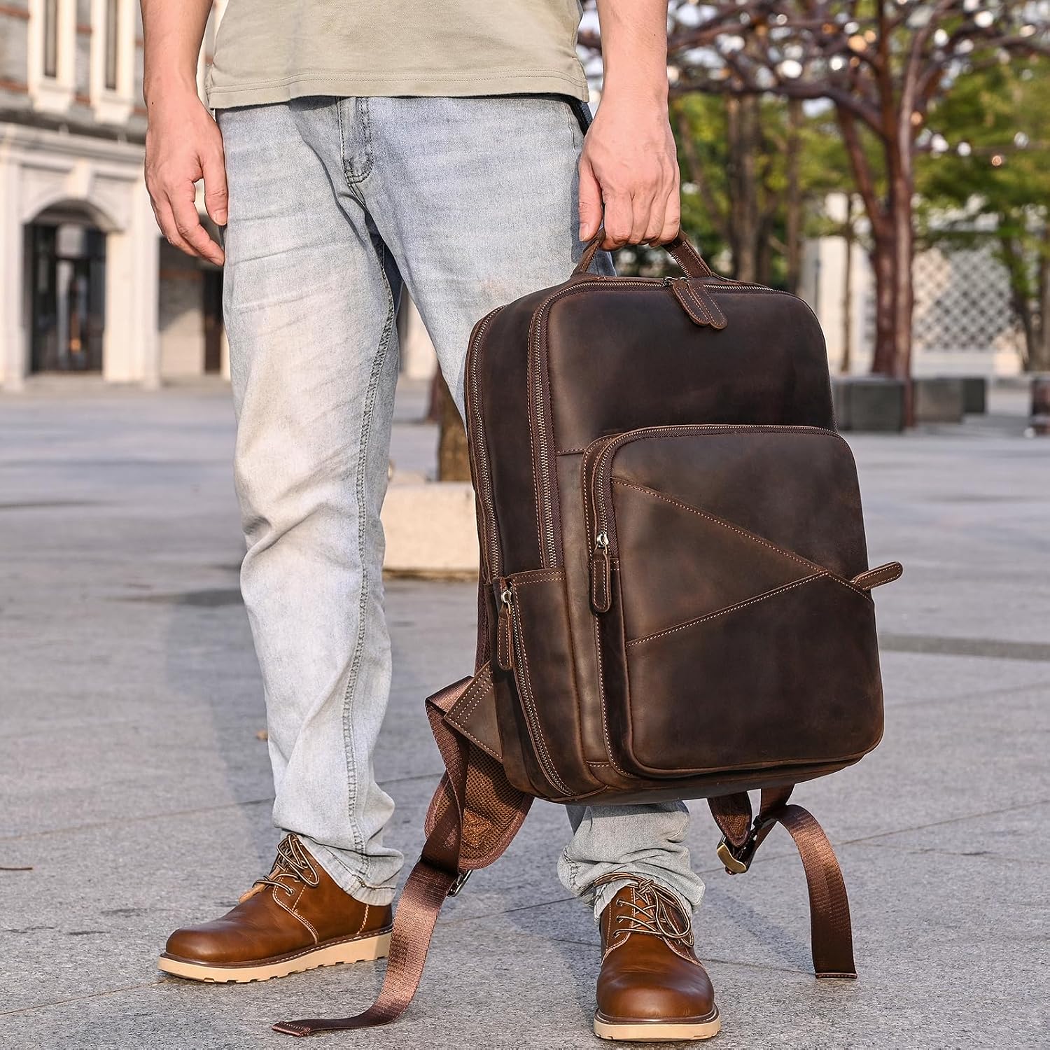 Vintage Full Grain Leather Backpack for Men, 16' Laptop Rucksack For Men Hiking Trave Work Business Bag, Dark Brown