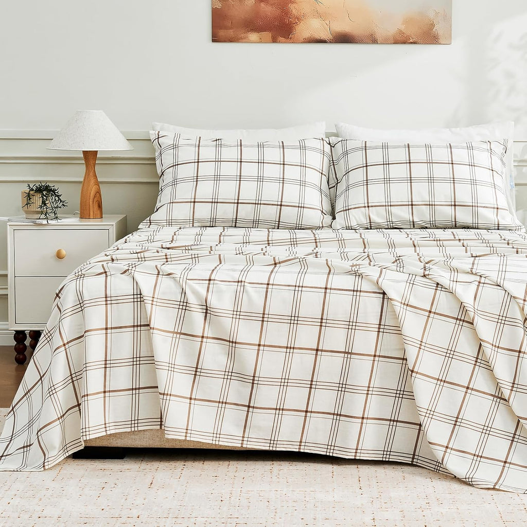 MEISHANG 100% French Pure Linen Sheets Queen Size - Bed Sheets 4 Piece Sets, Soft Durable Flax Linen, Anti-Tear Breathable Moisture Wicking with 16' Deep Pocket (Linen Plaid)