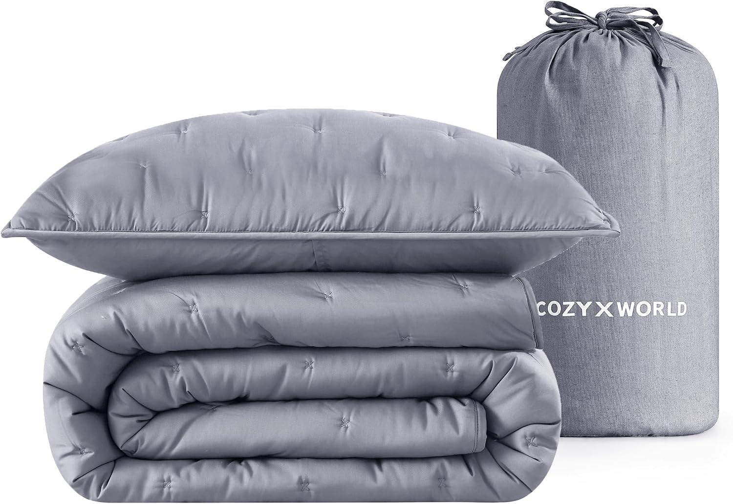 100% Viscose Derived from Bamboo Quilt Set, Soft Dreamer Cross Stitch Bedding, All Season Down Alternative Comforter with 4 Corner Loops, 2-Piece Set, Twin,Dark Grey