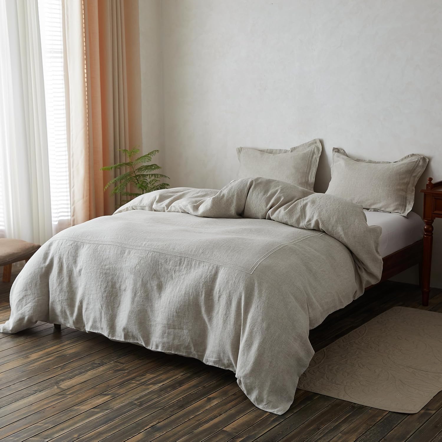 Simple&Opulence 100% Washed Linen Duvet Cover Set 88'x92' - 3 Pieces Soft Farmhouse Comforter Set Double Embroidered with Button Closure - 1 Duvet Cover and 2 Pillowshams (Linen, Queen)