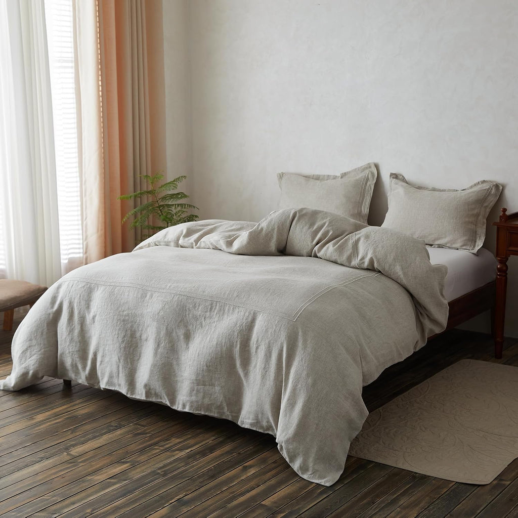 Simple&Opulence 100% Washed Linen Duvet Cover Set 78'x86' - 3 Pieces Soft Farmhouse Comforter Set Double Embroidered with Button Closure - 1 Duvet Cover and 2 Pillowshams (Linen, Full)