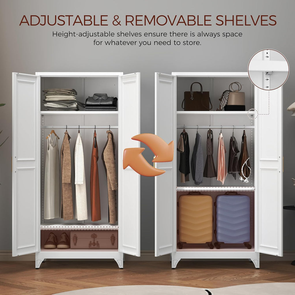 Metal Armoire Wardrobe Closet with 2 Doors, 71' Tall Wardrobe Closet with Doors, Hanging Rod, Drawers and Adjustable Shelves, White Clothing Storage Cabinets for Bedroom, Home Office