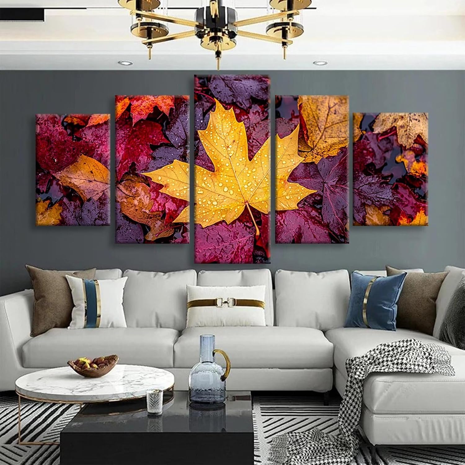 Maple Leaves Diamond Art 5 Piece Diamond Painting Autumn 5D Full Round Drill Dimond Art Paintings Crystal Crafts for Adults Gem Painting for Home Decor, Large Artwork for Wall 44 x 90 Inch, Model177
