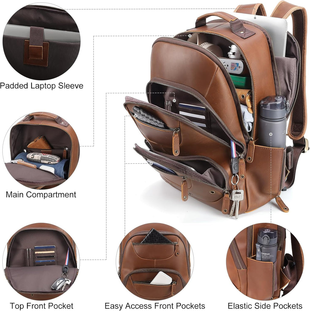 TIDING Leather Backpack for Men Fits 16' 15.6' Laptop, Vintage Business Travel Work Bag Large Overnight Weekender Daypack