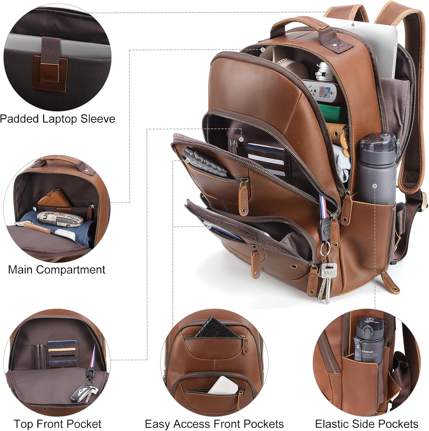 TIDING Leather Backpack for Men Fits 16' 15.6' Laptop, Vintage Business Travel Work Bag Large Overnight Weekender Daypack
