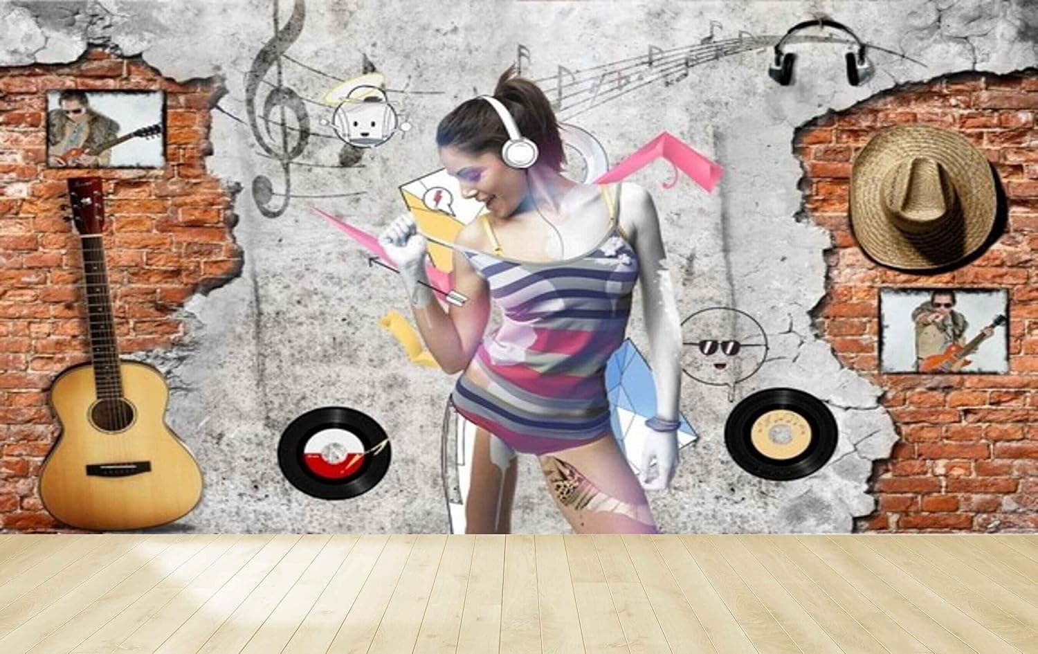 MWZ3606 Singing Girl Musical Instruments HD 3D Wallpaper for Gym Fitness[14 ft x 13 ft] / [427 cm x 396 cm]