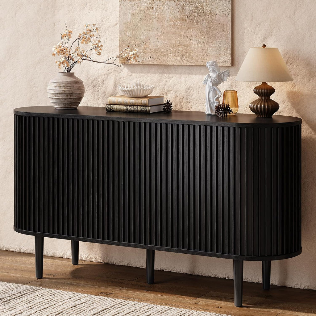 ONBRILL 55' Buffet Sideboard Cabinet with Sliding Doors, Mid-Century Modern Sideboard Buffet Cabinet with Storage & Adjustable Shelves, Accent Coffee Bar Console Table for Kitchen, Entryway, Black