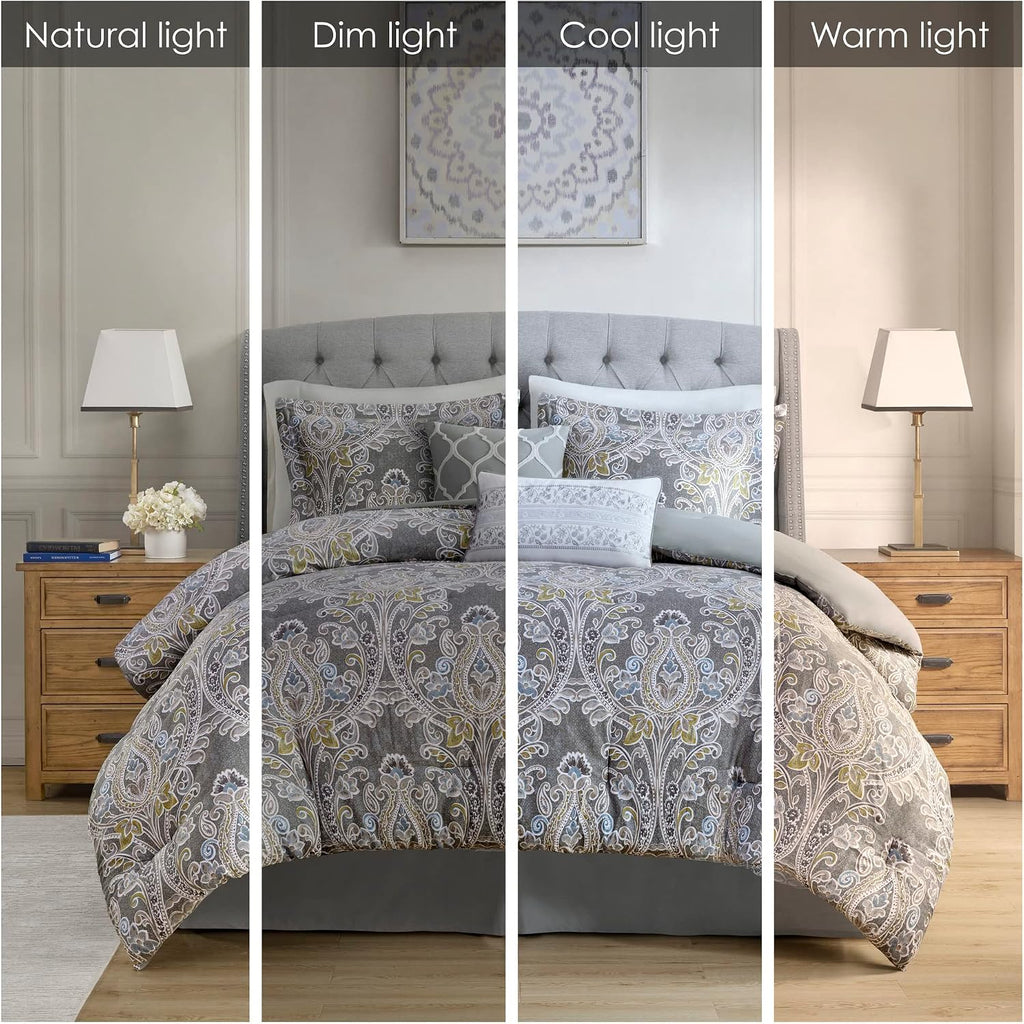 Harbor House Cozy Cotton Comforter Set - Classic Modern Design, All Season Down Alternative Casual Bedding, Matching Shams, Hallie, Damask Grey Full(80'x90') 6 Piece