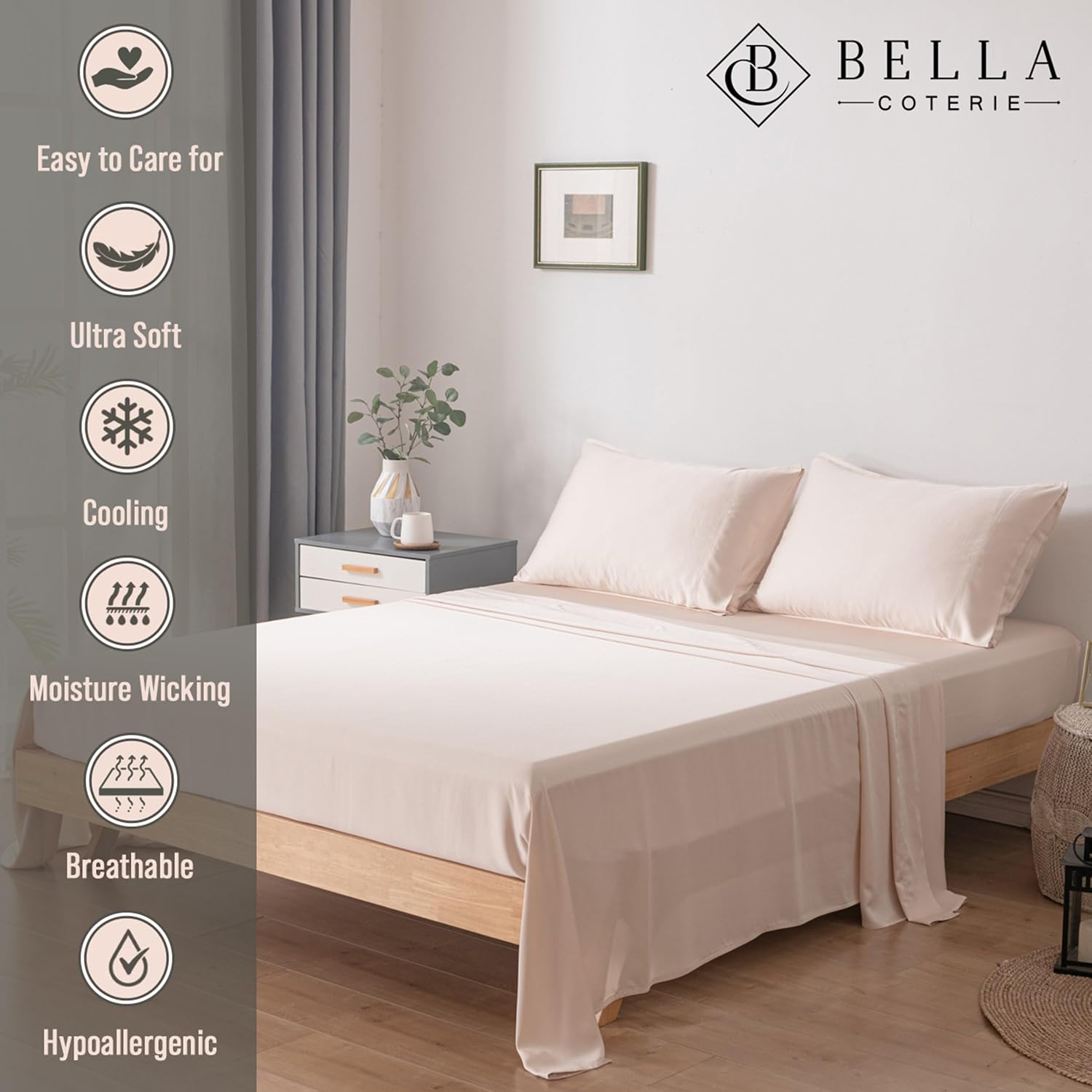Bella Coterie Luxury Bamboo Viscose Queen Size Sheet Set | 100% Organically Grown | Ultra Soft | Cooling for Hot Sleepers | 18' Deep Pocket [Champagne]